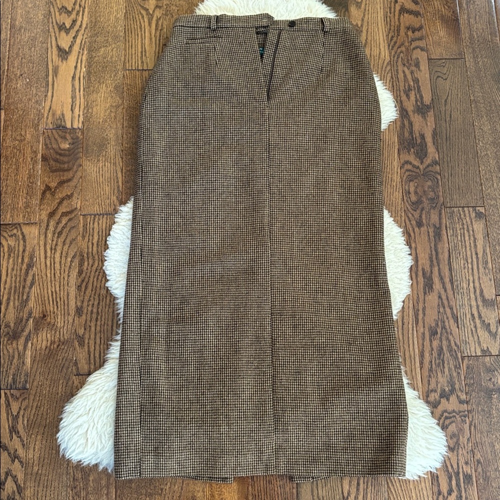 Ralph Lauren Brown Houndstooth Pencil Maxi Wool Skirt Vintage